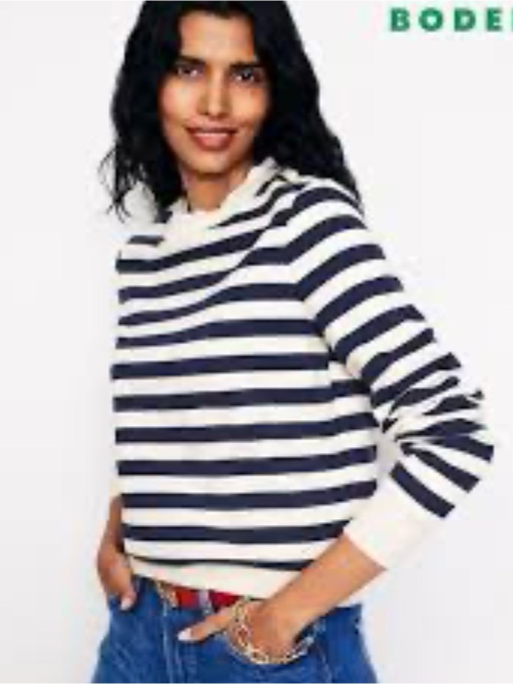 Boden Broderie Trim Striped Cotton Top Size xs Navy and White/Ivory preppy boxy